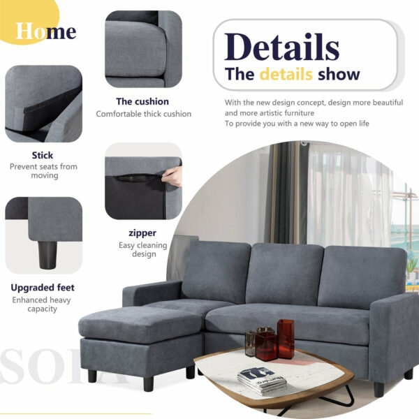 Walsunny L-Shaped Convertible Sectional Sofa with Reversible Ottoman, Linen Fabric, Compact for Small Spaces - Image 4