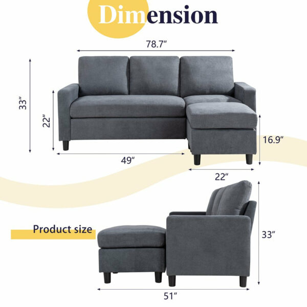 Walsunny L-Shaped Convertible Sectional Sofa with Reversible Ottoman, Linen Fabric, Compact for Small Spaces - Image 2