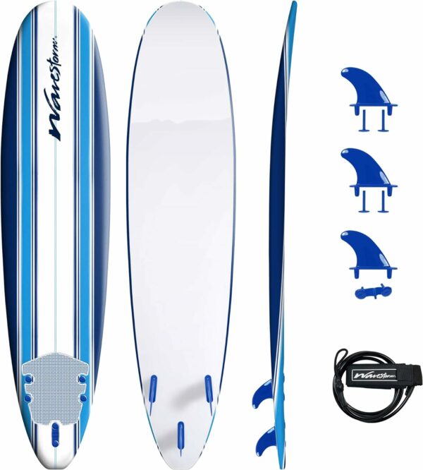 Wavestorm 8ft Classic Foam Surfboard - Wax-Free Soft Top Longboard with EPS Core & 3 Stringers for All Levels