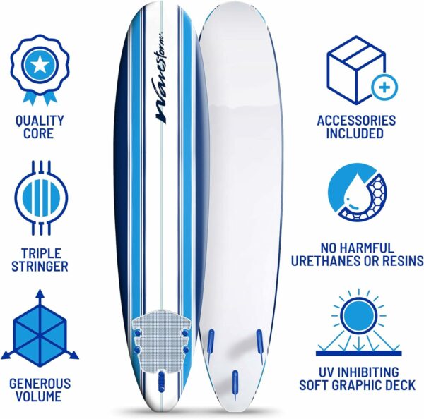 Wavestorm 8ft Classic Foam Surfboard - Wax-Free Soft Top Longboard with EPS Core & 3 Stringers for All Levels - Image 2