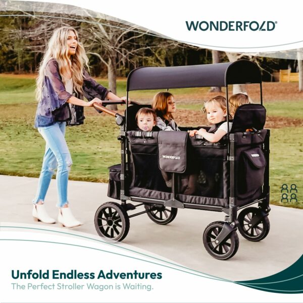 WonderFold W4 Luxe Quad Stroller Wagon, 4-Seater, Foldable, Adjustable Canopy, Black - Image 4