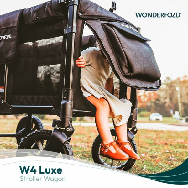 WonderFold W4 Luxe Quad Stroller Wagon, 4-Seater, Foldable, Adjustable Canopy, Black - Image 3
