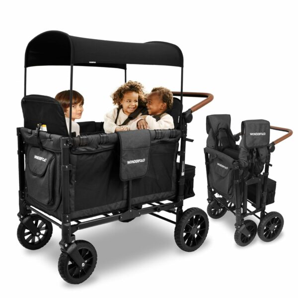 WonderFold W4 Luxe Quad Stroller Wagon, 4-Seater, Foldable, Adjustable Canopy, Black