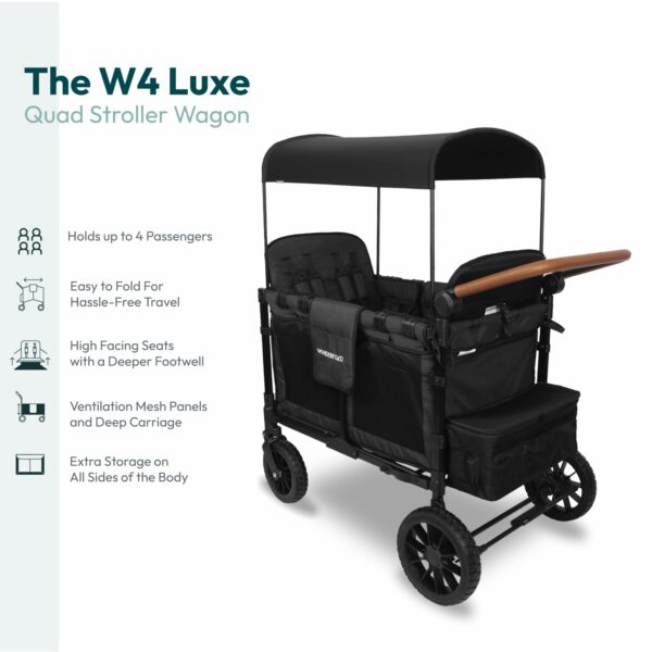 WonderFold W4 Luxe Quad Stroller Wagon, 4-Seater, Foldable, Adjustable Canopy, Black - Image 2