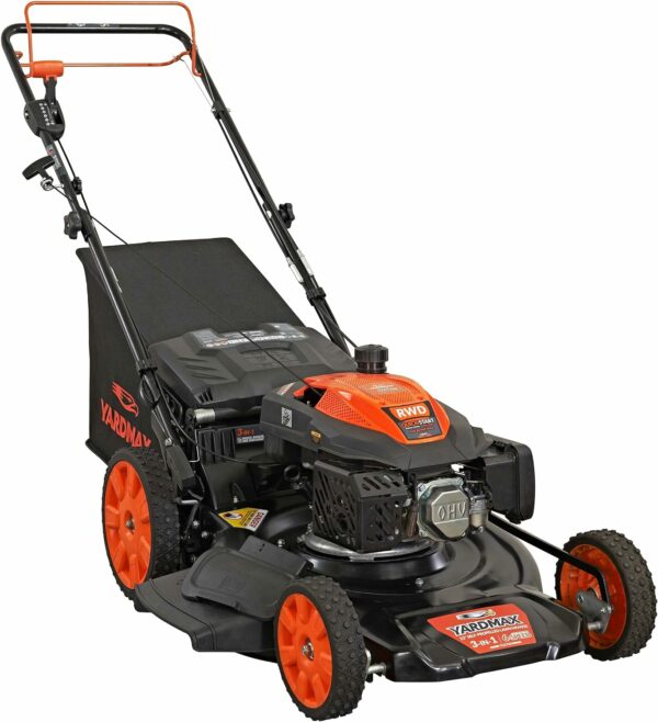 YARDMAX 22" Gas Self-Propelled Lawn Mower, 201cc, 6-Speed CVT, High Wheel RWD, 3-in-1, Black - Image 9